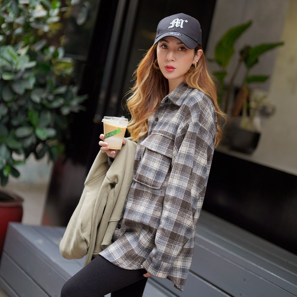 雙色單口袋格紋毛料襯衫