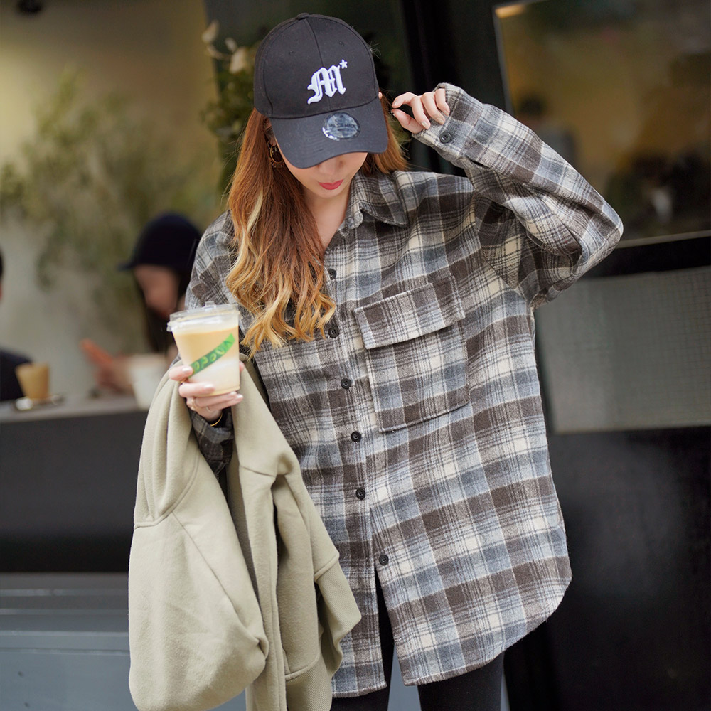 雙色單口袋格紋毛料襯衫