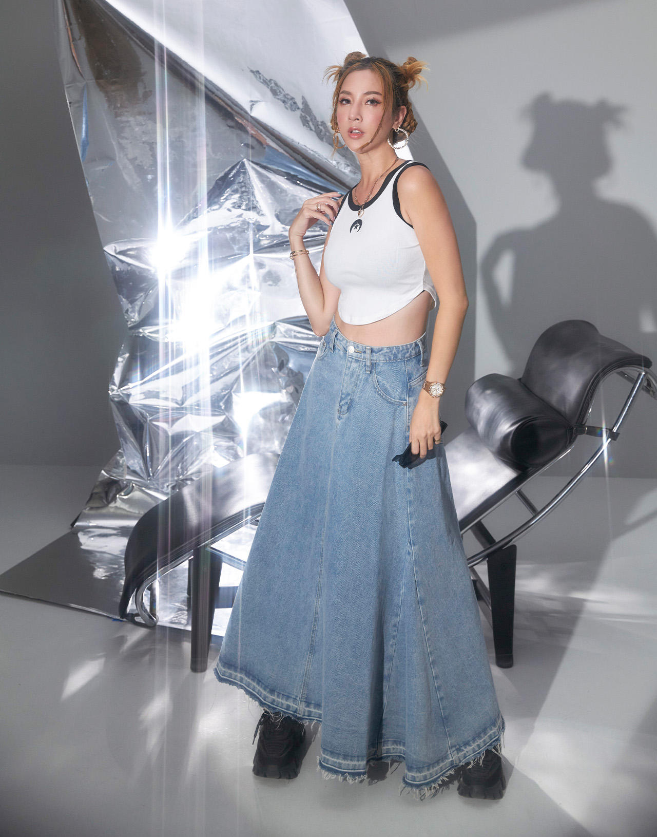 時髦大傘狀厚實牛仔長裙