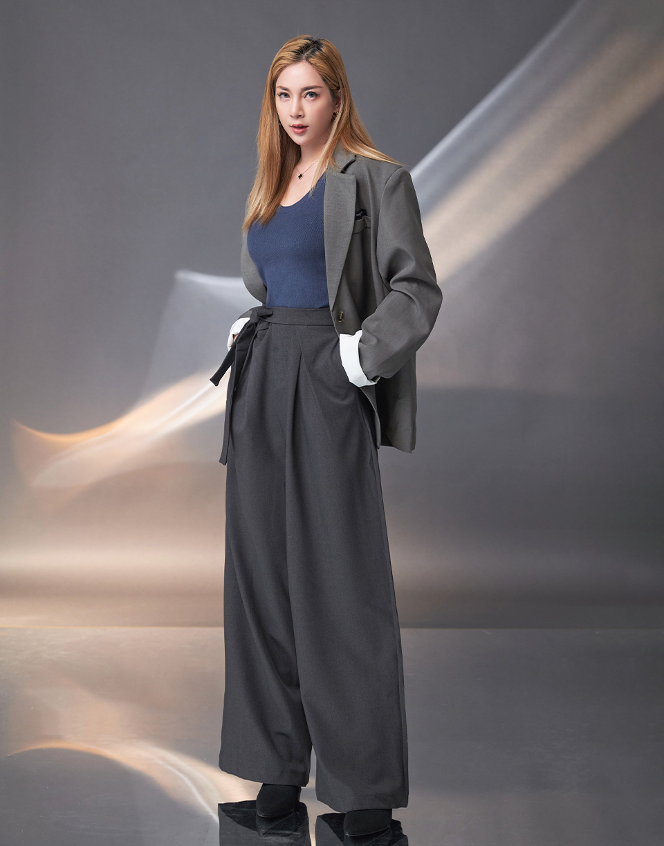 打摺斜紋腰帶長褲