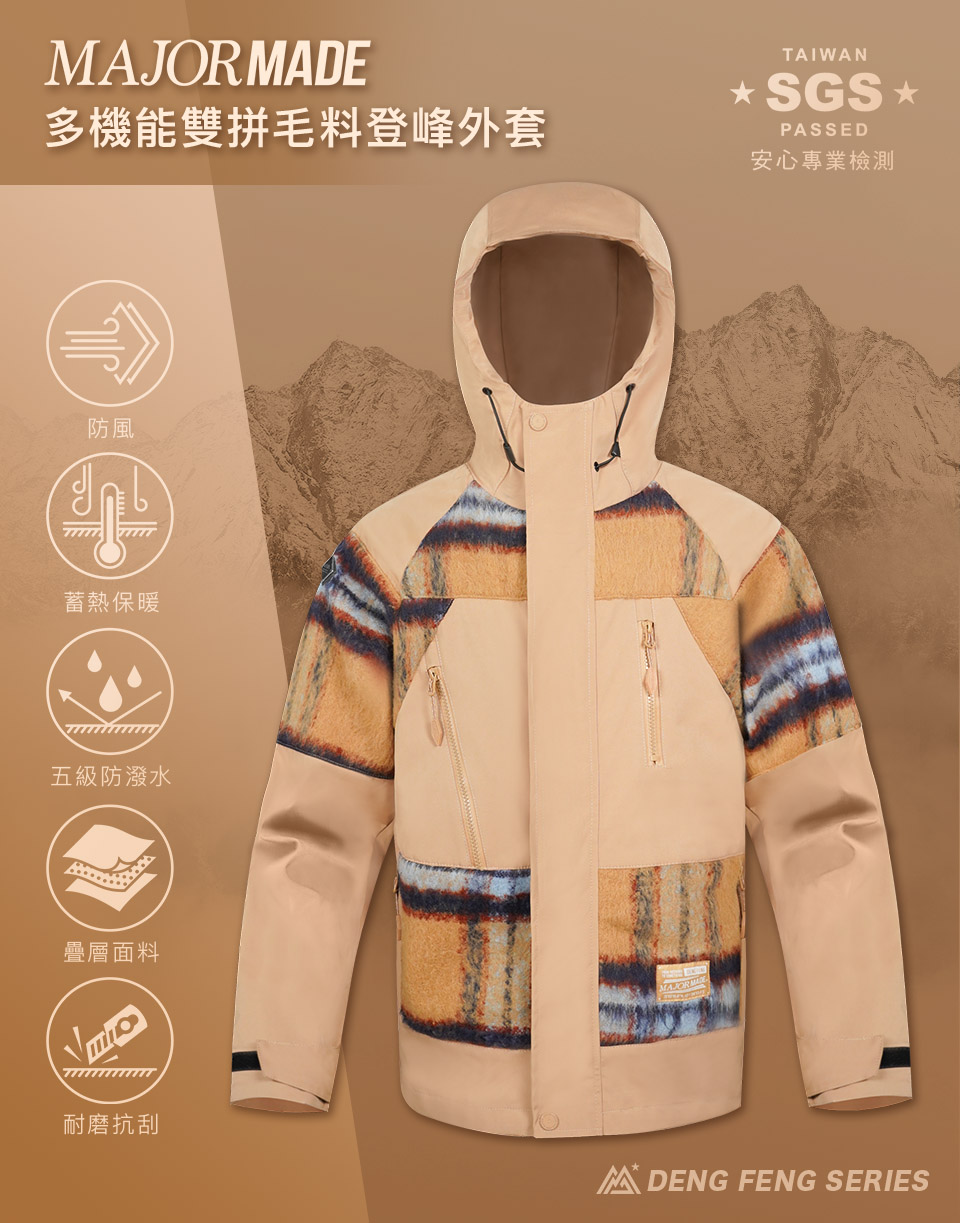 多機能雙拼毛料登峰外套