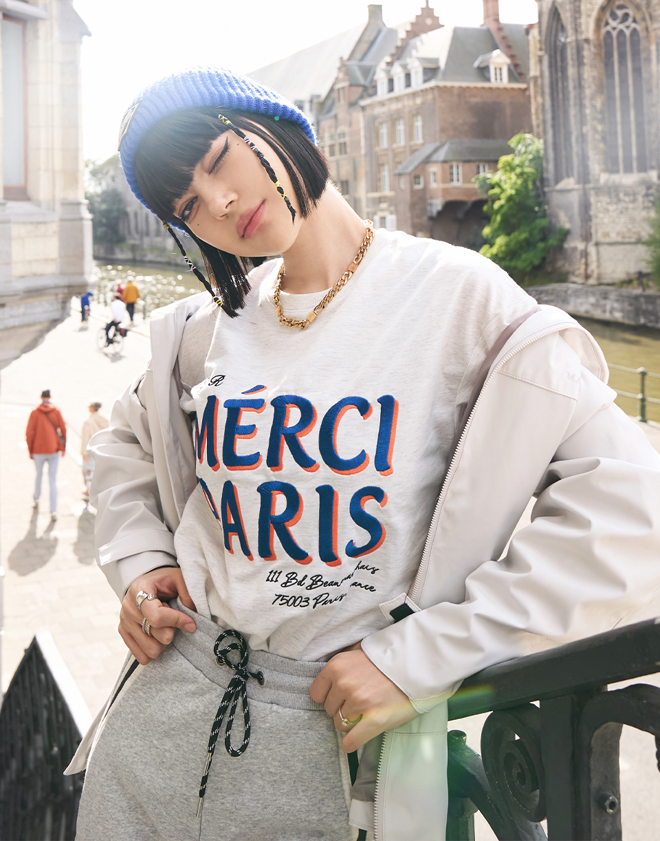 法語Merci刺繡長TEE