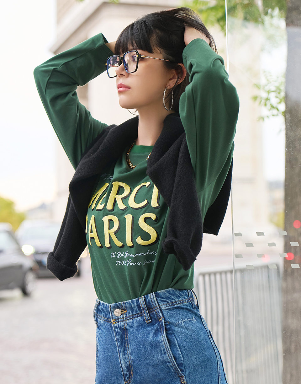 法語Merci刺繡長TEE