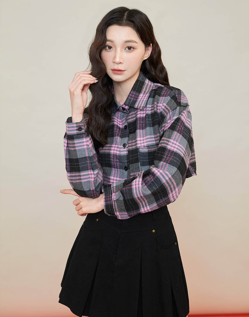 復古撞色短版格紋襯衫'