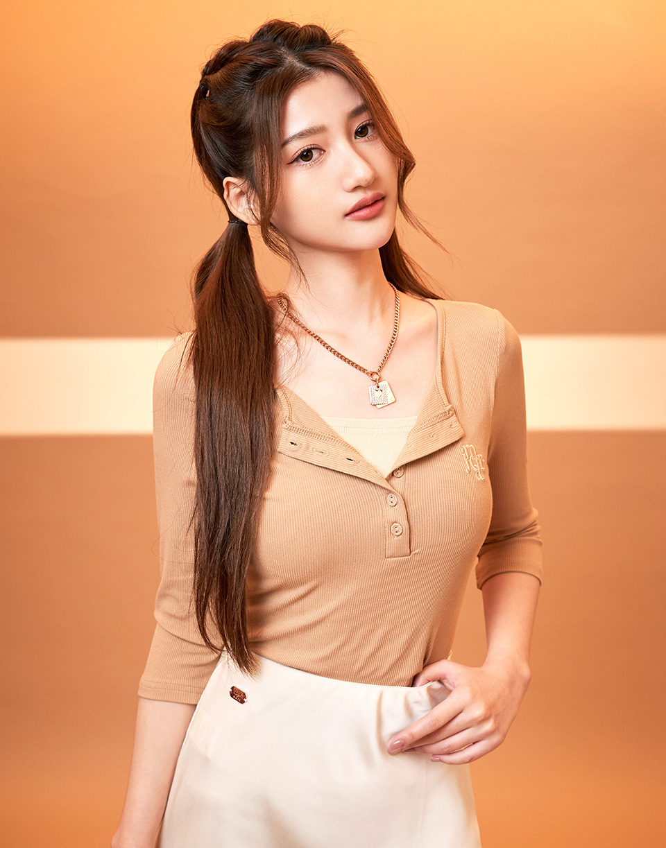 鎖鏈字假兩件七分袖上衣