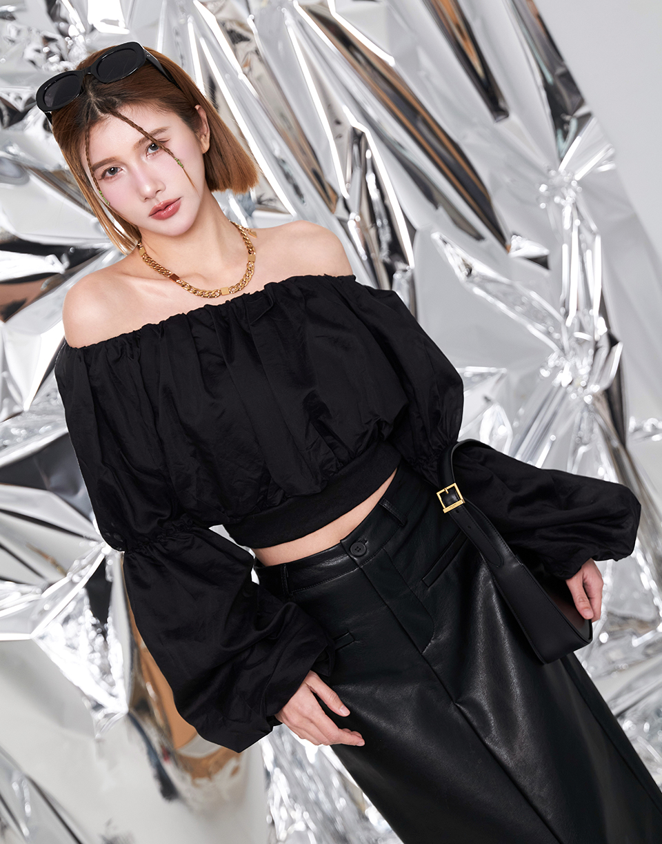 浪漫雪紡一字領拋拋袖上衣