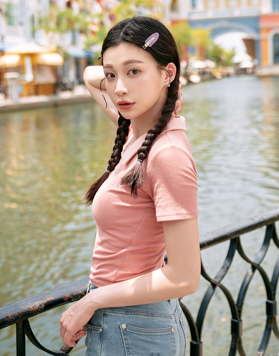 修身POLO領拼接短T