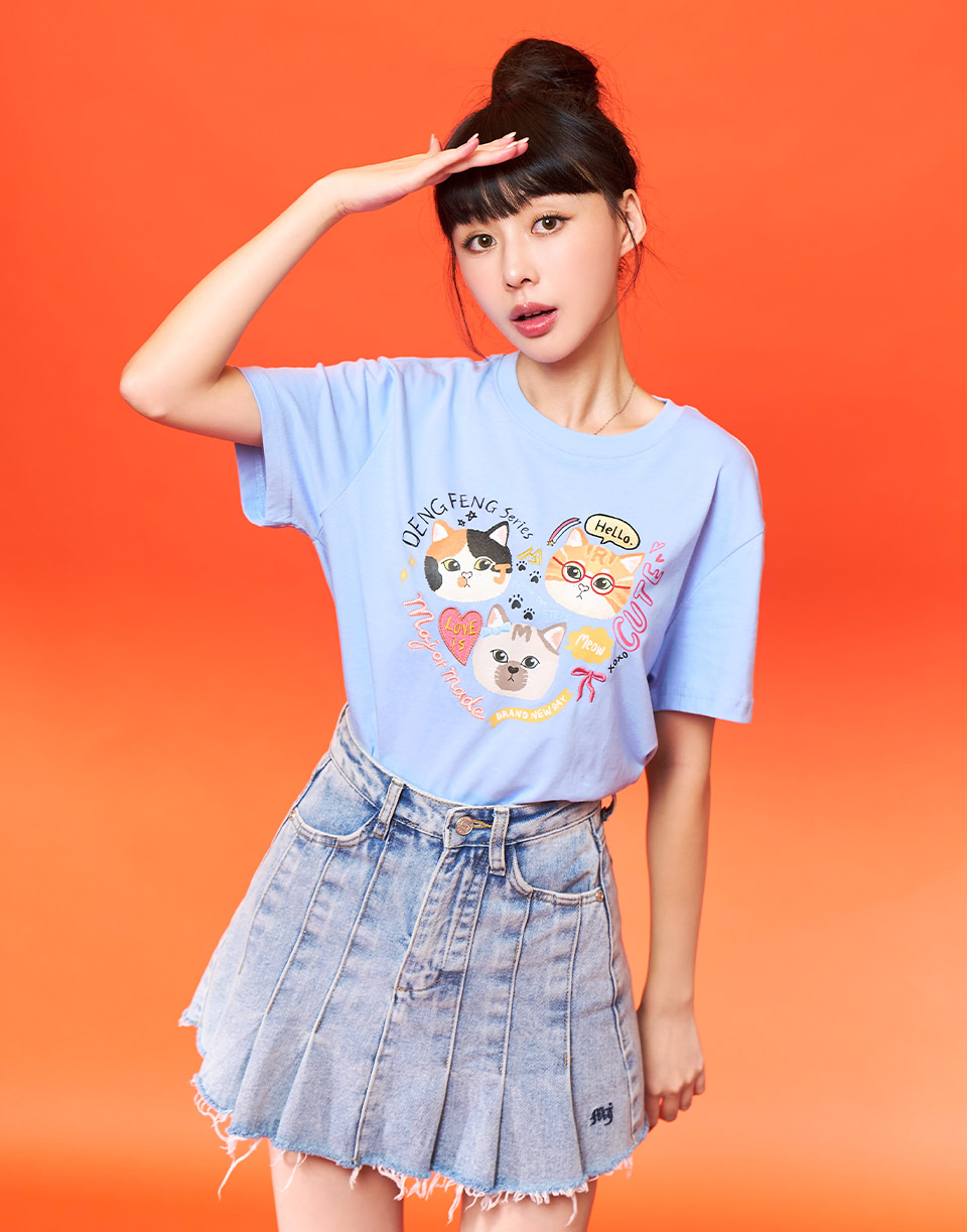 三隻喵咪頭刺繡基本款短T