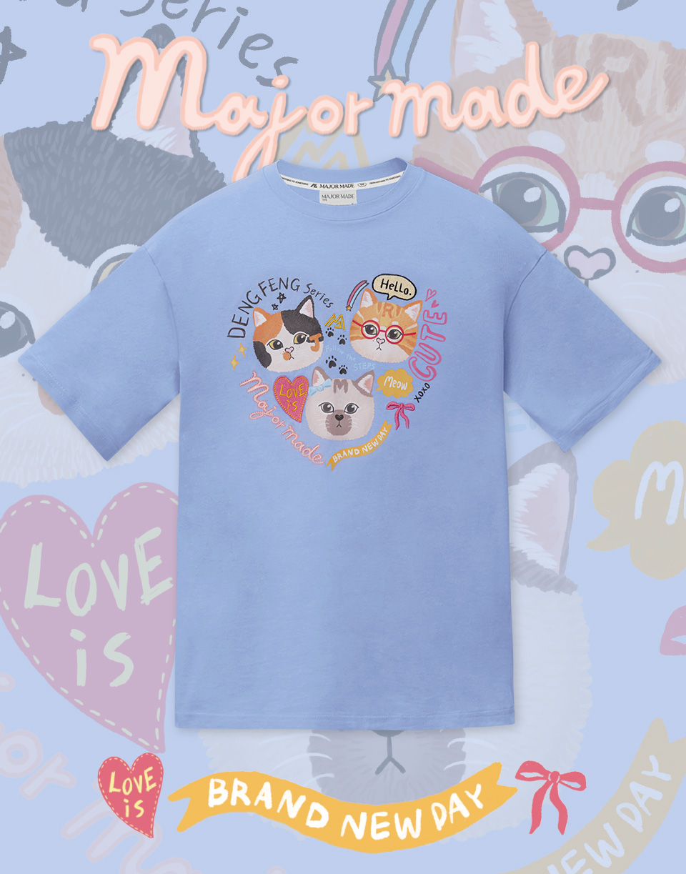 三隻喵咪頭刺繡基本款短T