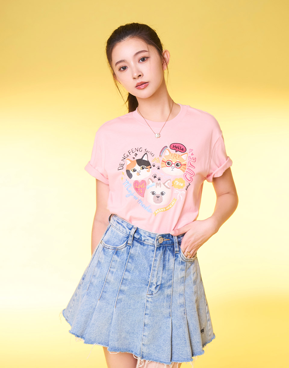 三隻喵咪頭刺繡基本款短T