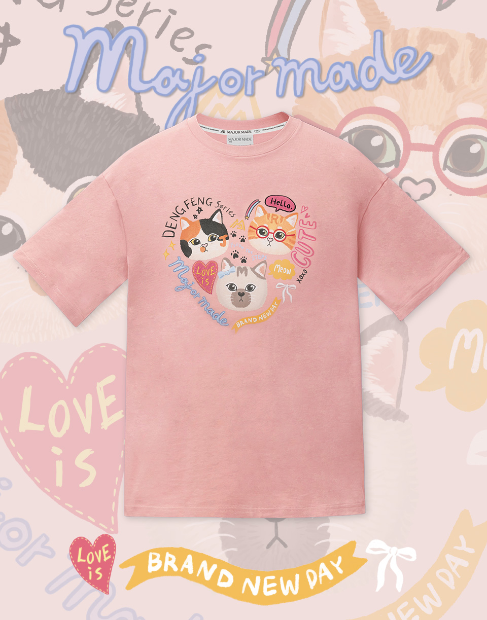 三隻喵咪頭刺繡基本款短T