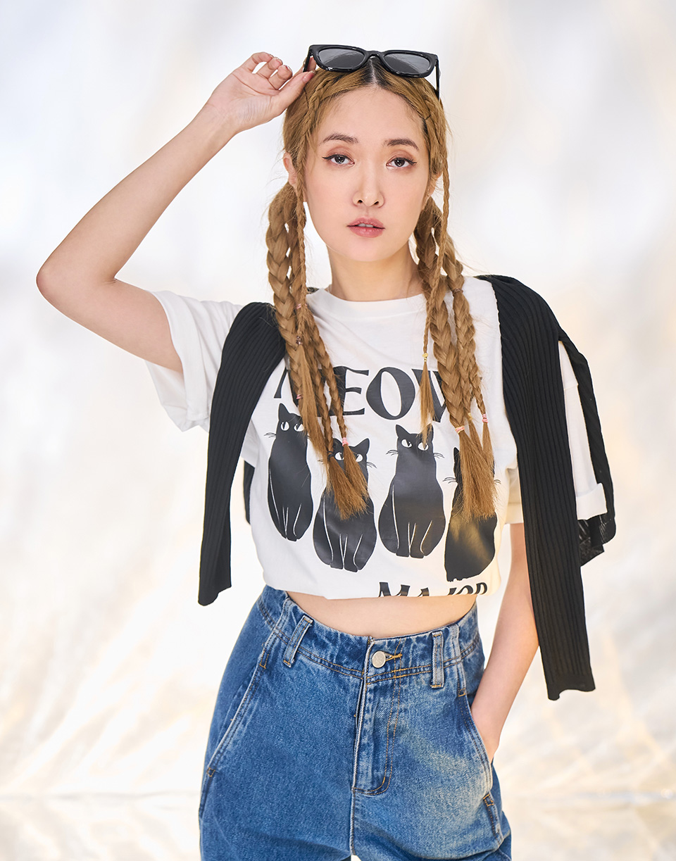 四隻黑貓咪膠短TEE