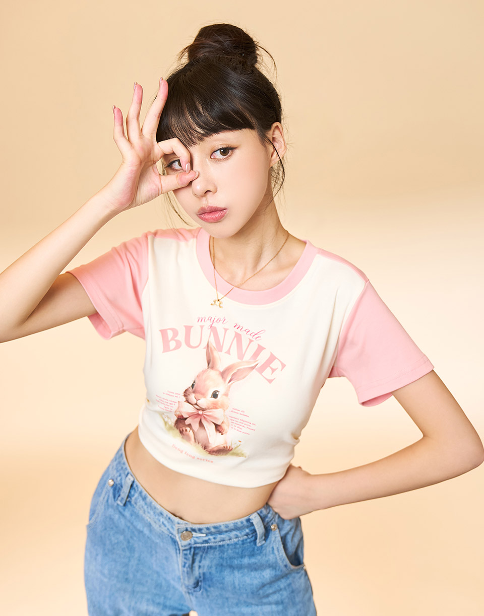 緞帶兔兔接袖短版T'