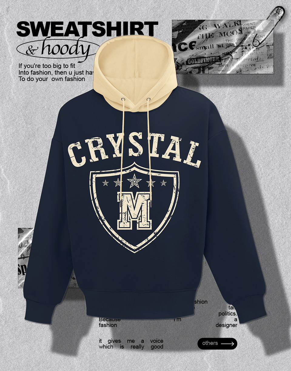 破損感CRYSTAL撞色美式帽T