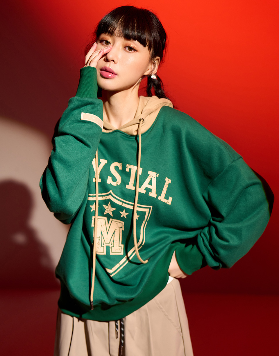 破損感CRYSTAL撞色美式帽T