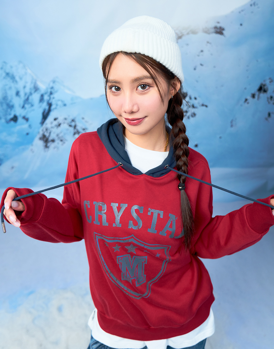 破損感CRYSTAL撞色美式帽T