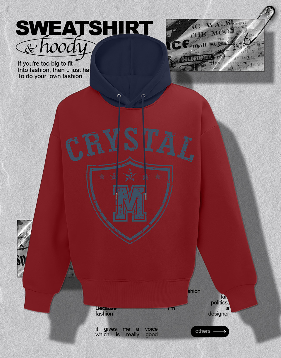 破損感CRYSTAL撞色美式帽T