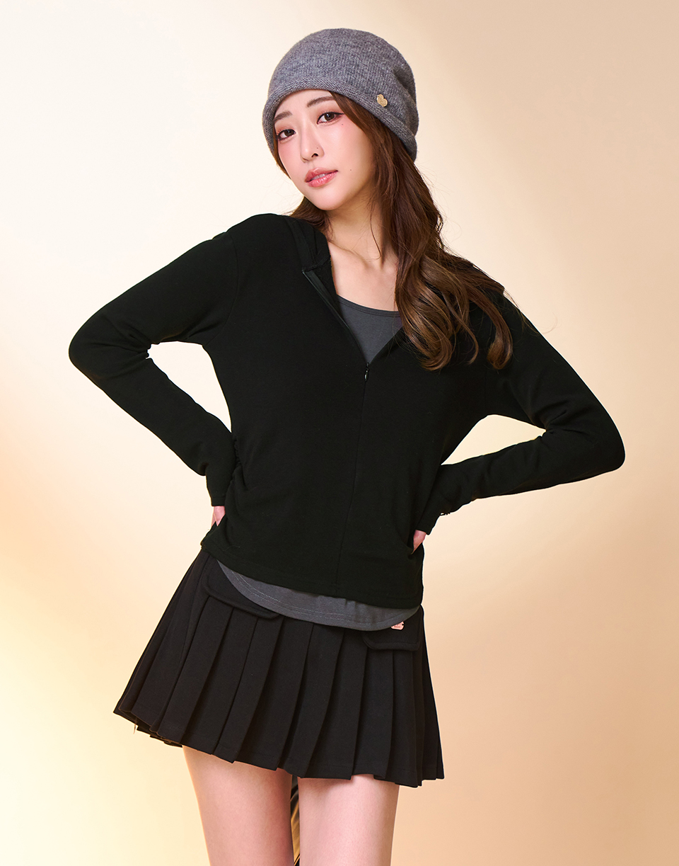 假兩件連帽短絨長袖上衣