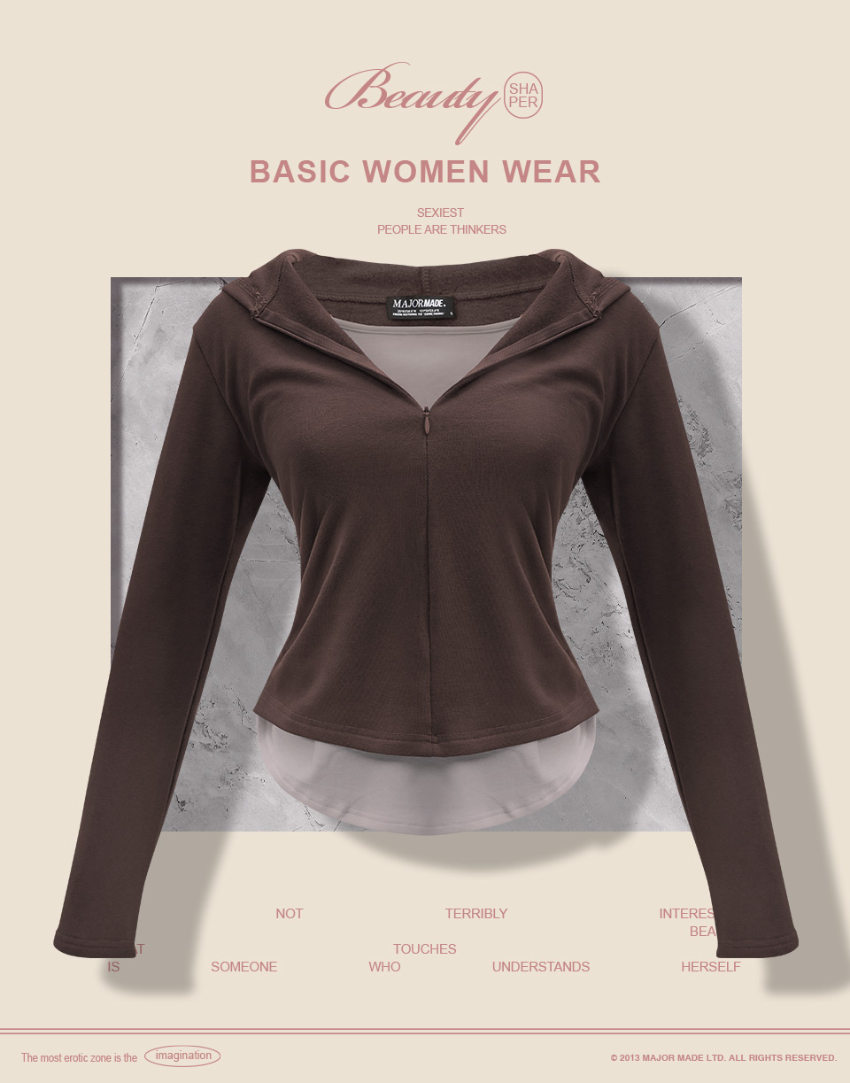 假兩件連帽短絨長袖上衣