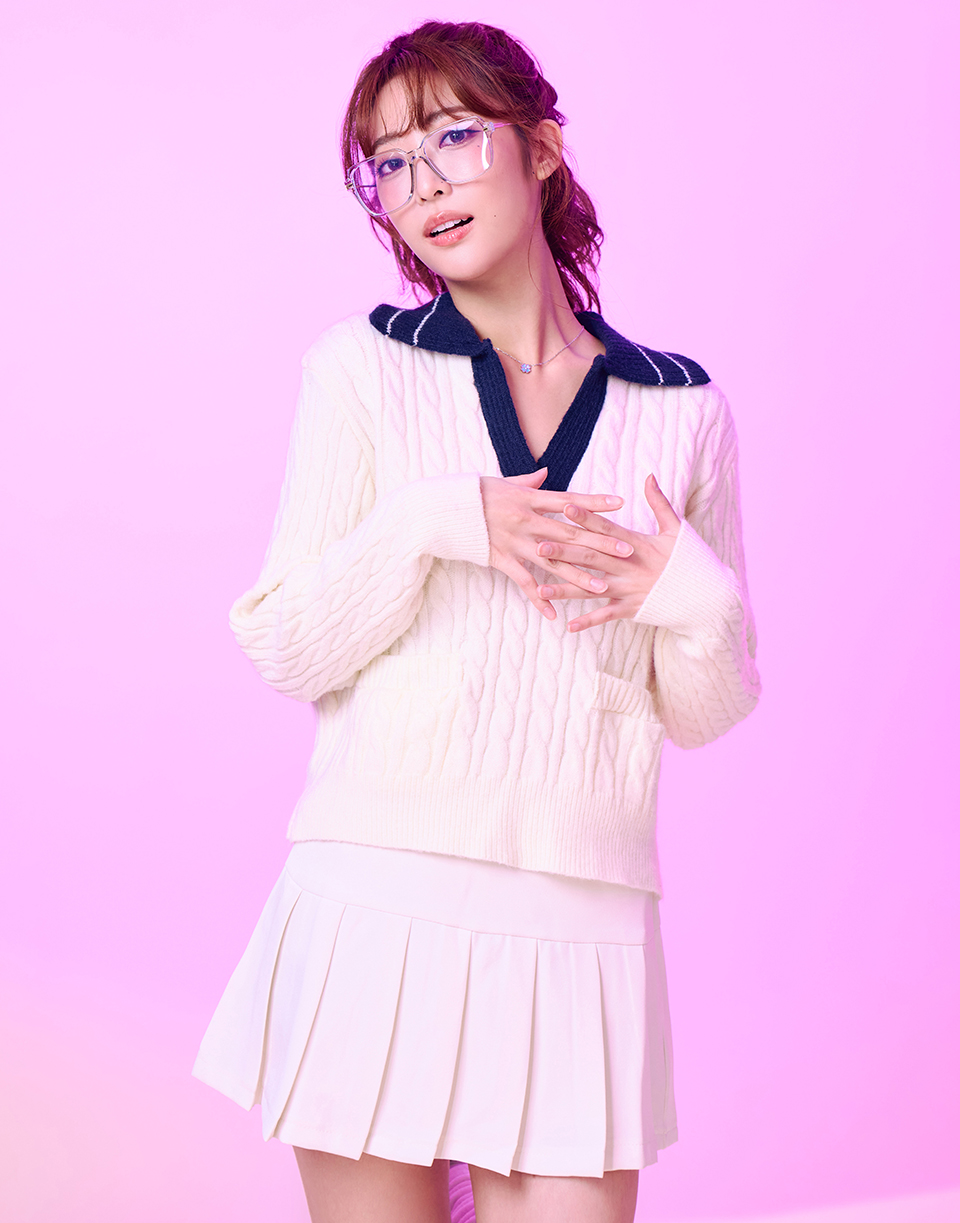 麻花針織拼色翻領上衣