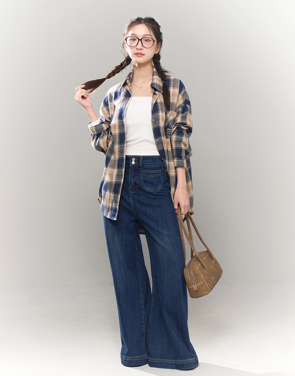 內絨毛深藍雙口袋喇叭寬褲