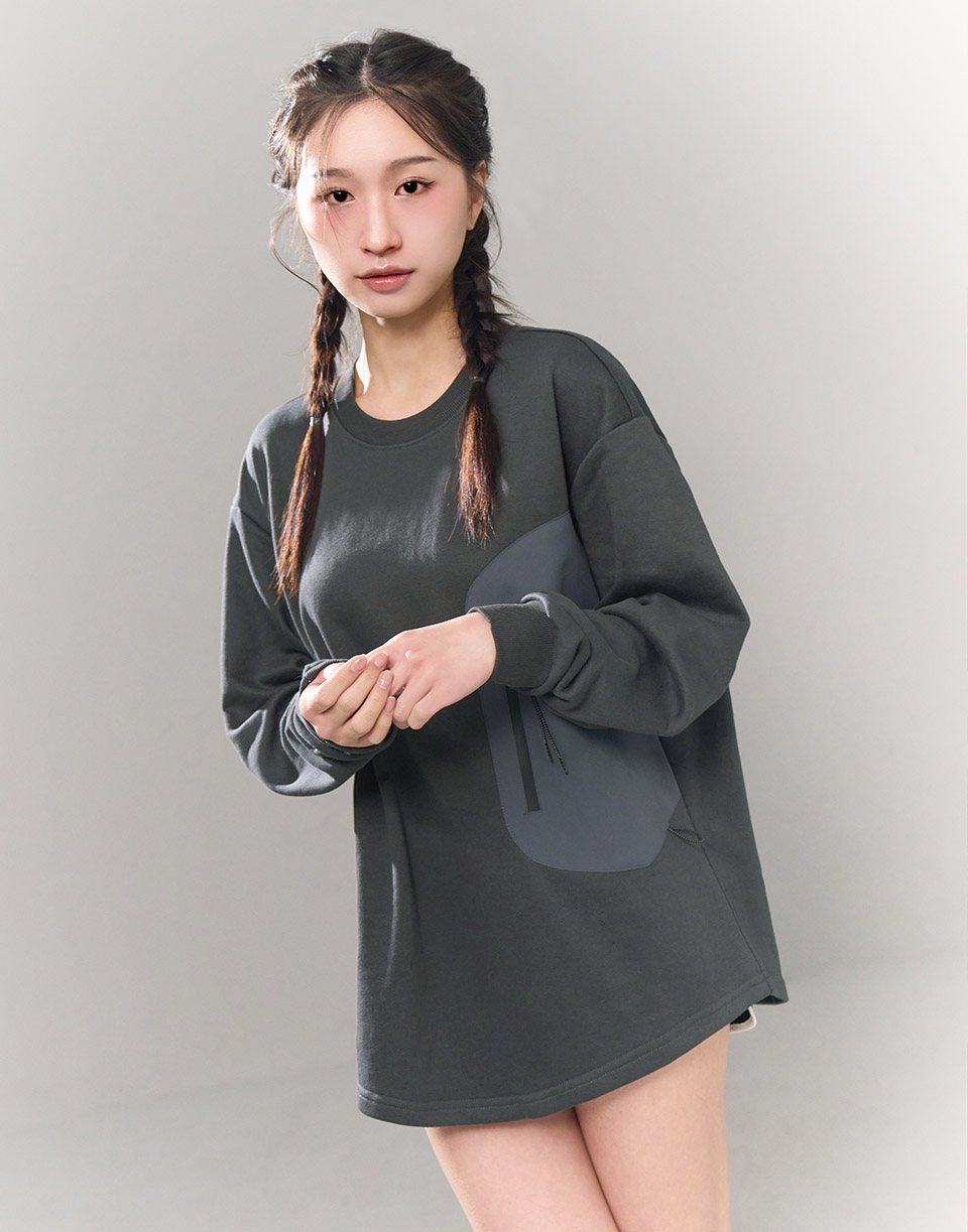 工裝拼布下擺圓弧大學T