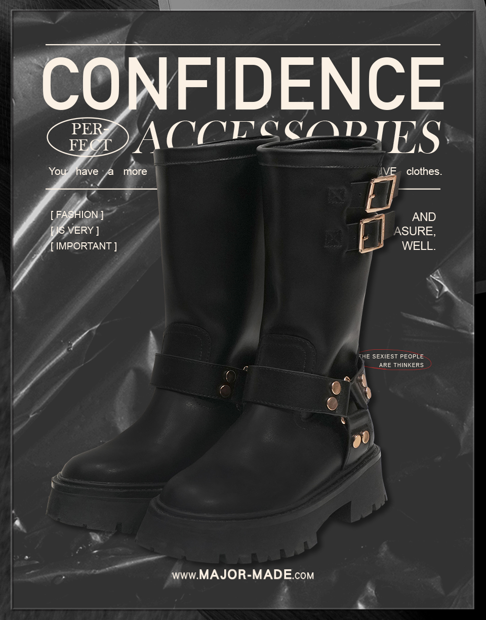 Major雙釦帶厚底中筒軍靴