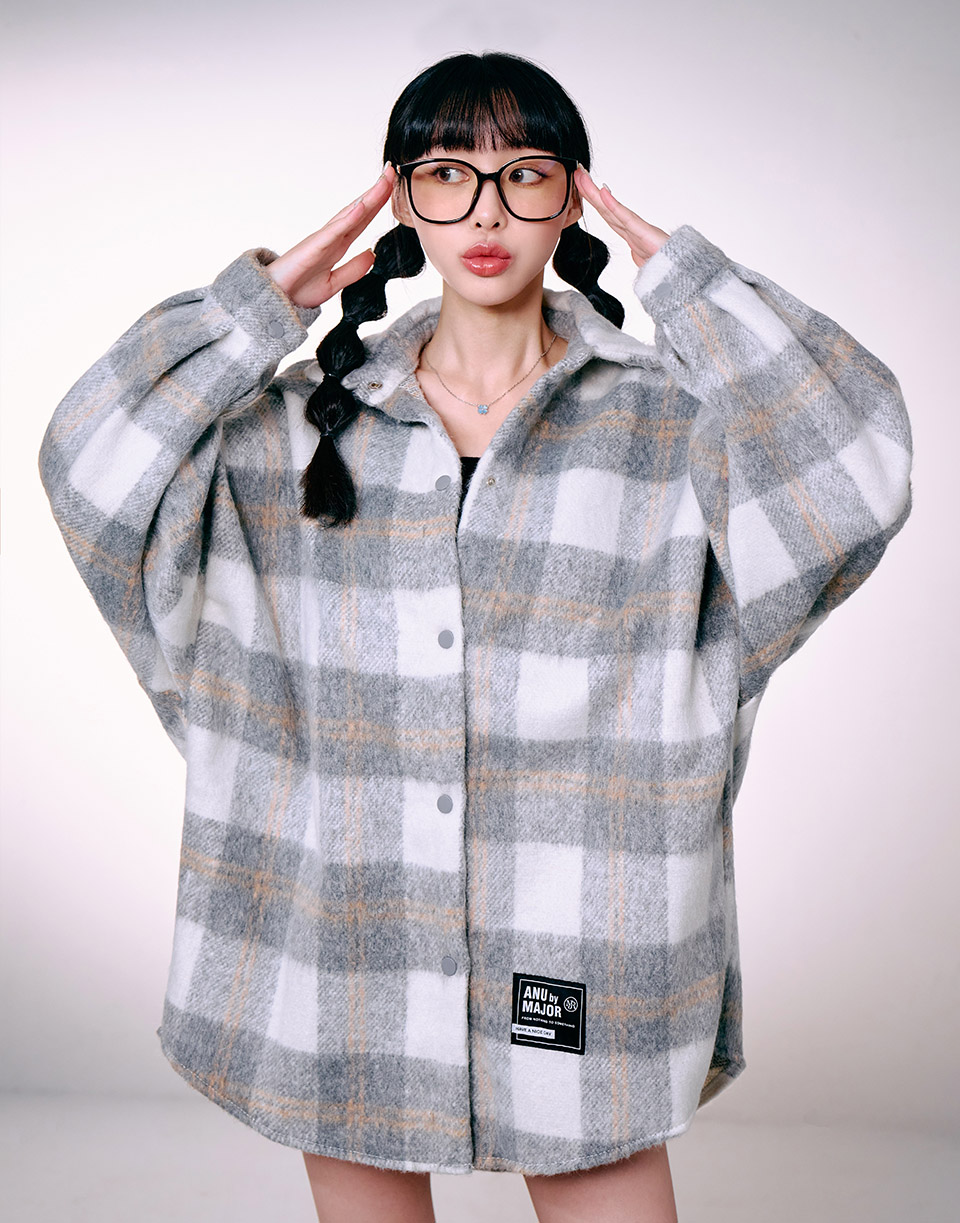 糖果色厚磅毛呢格紋襯衫外套