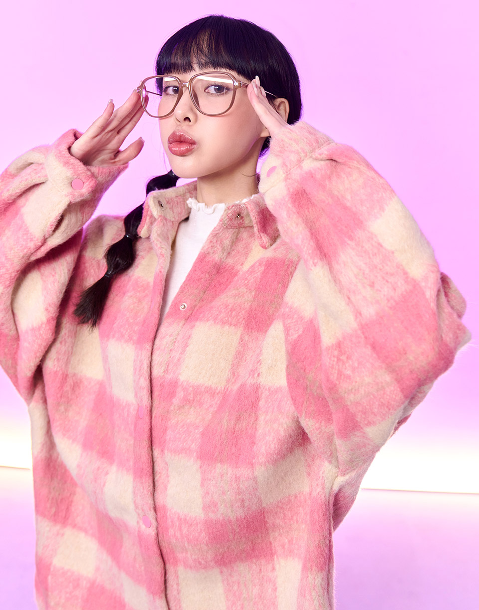 糖果色厚磅毛呢格紋襯衫外套