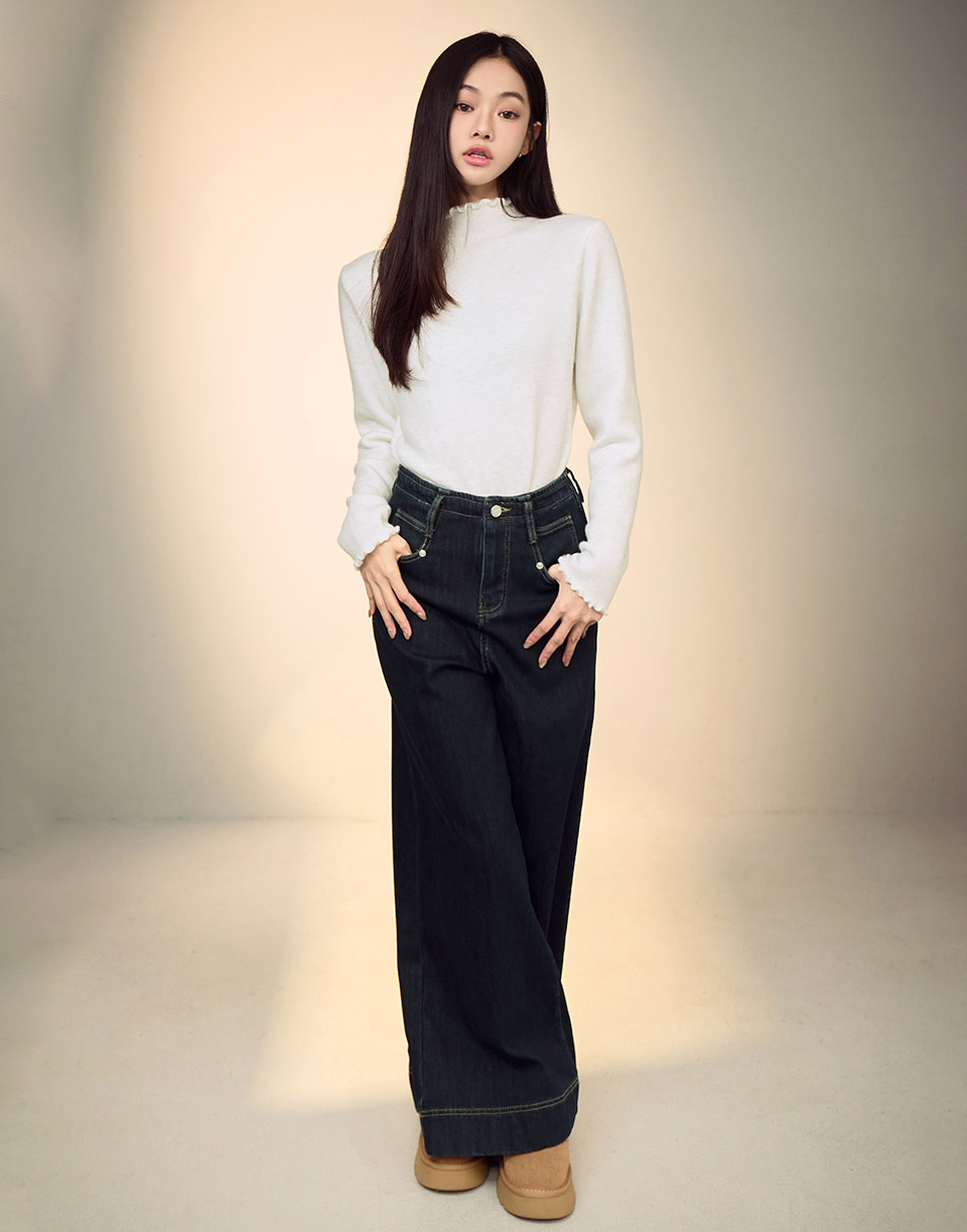 內絨毛高腰微喇叭牛仔寬褲