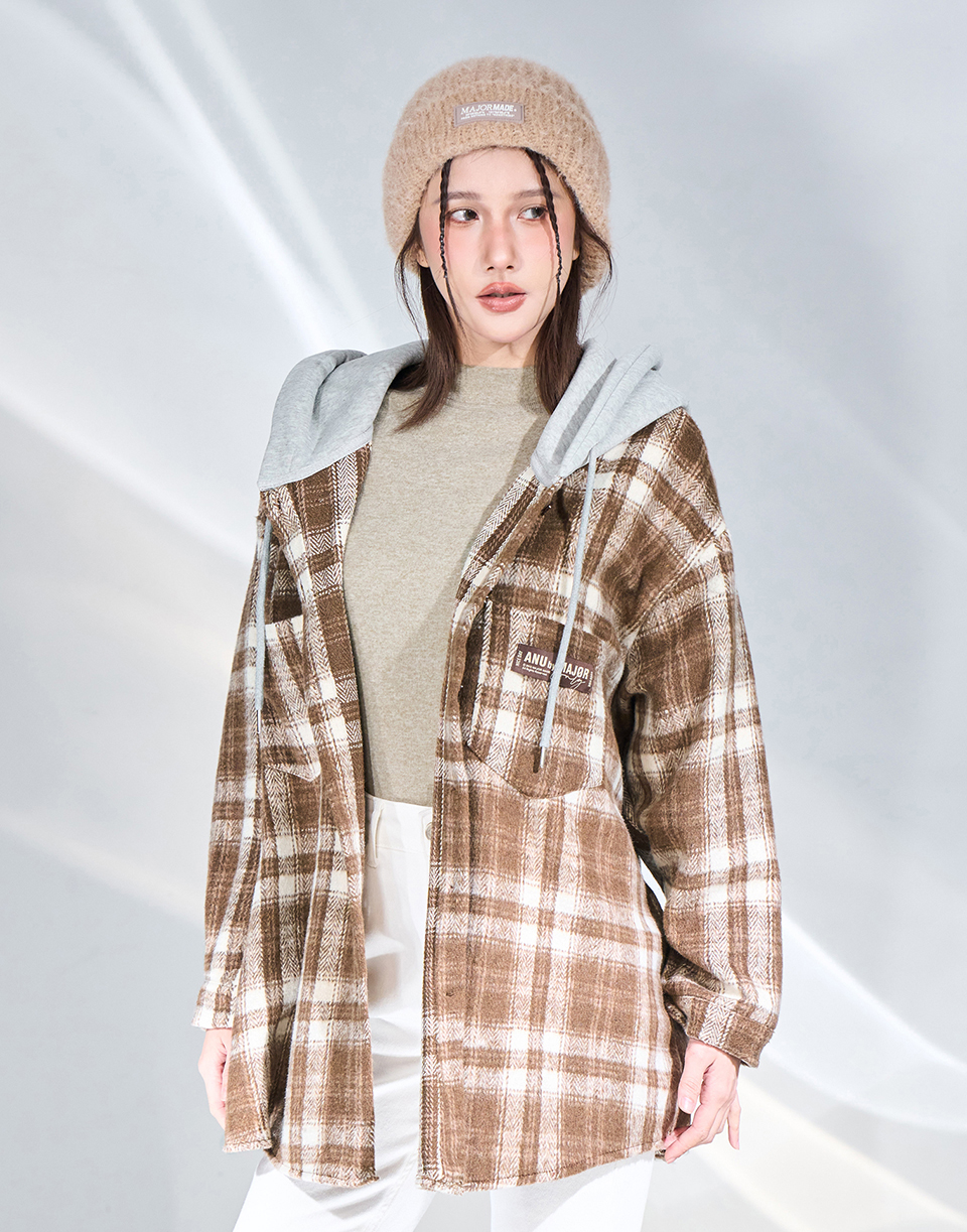 大口袋格紋襯衫連帽外套