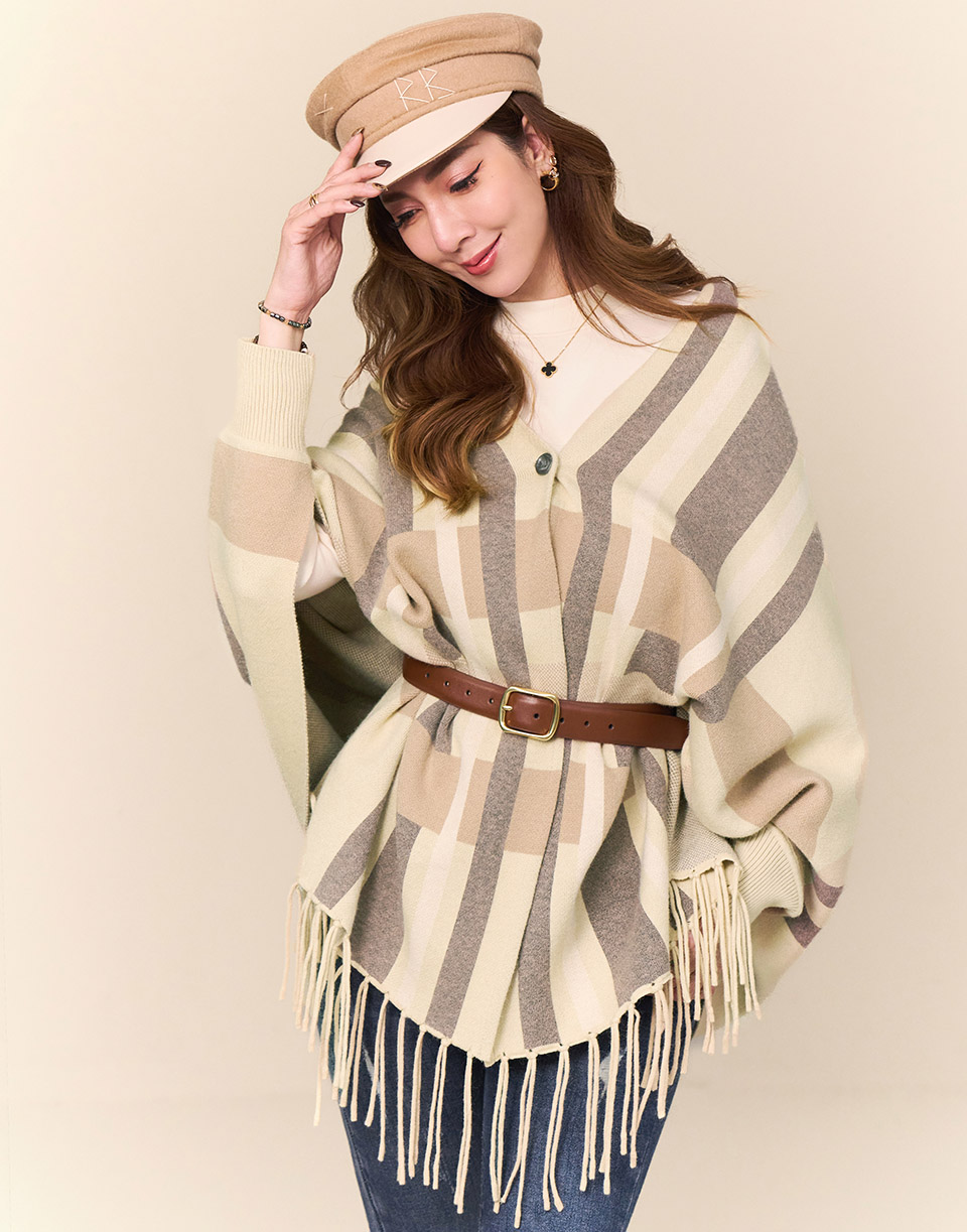 質感格紋手袖披肩