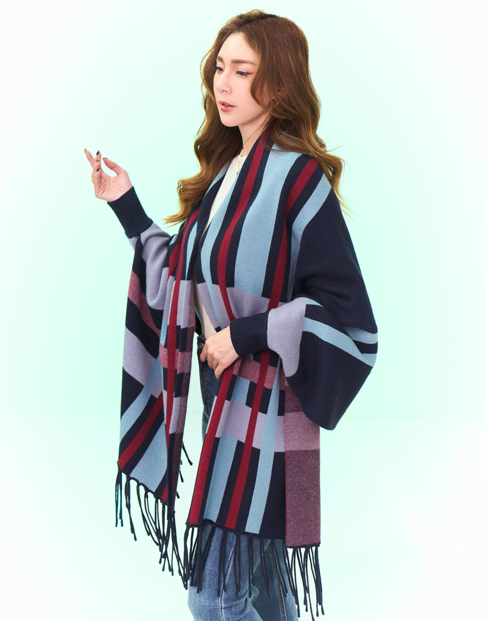 質感格紋手袖披肩