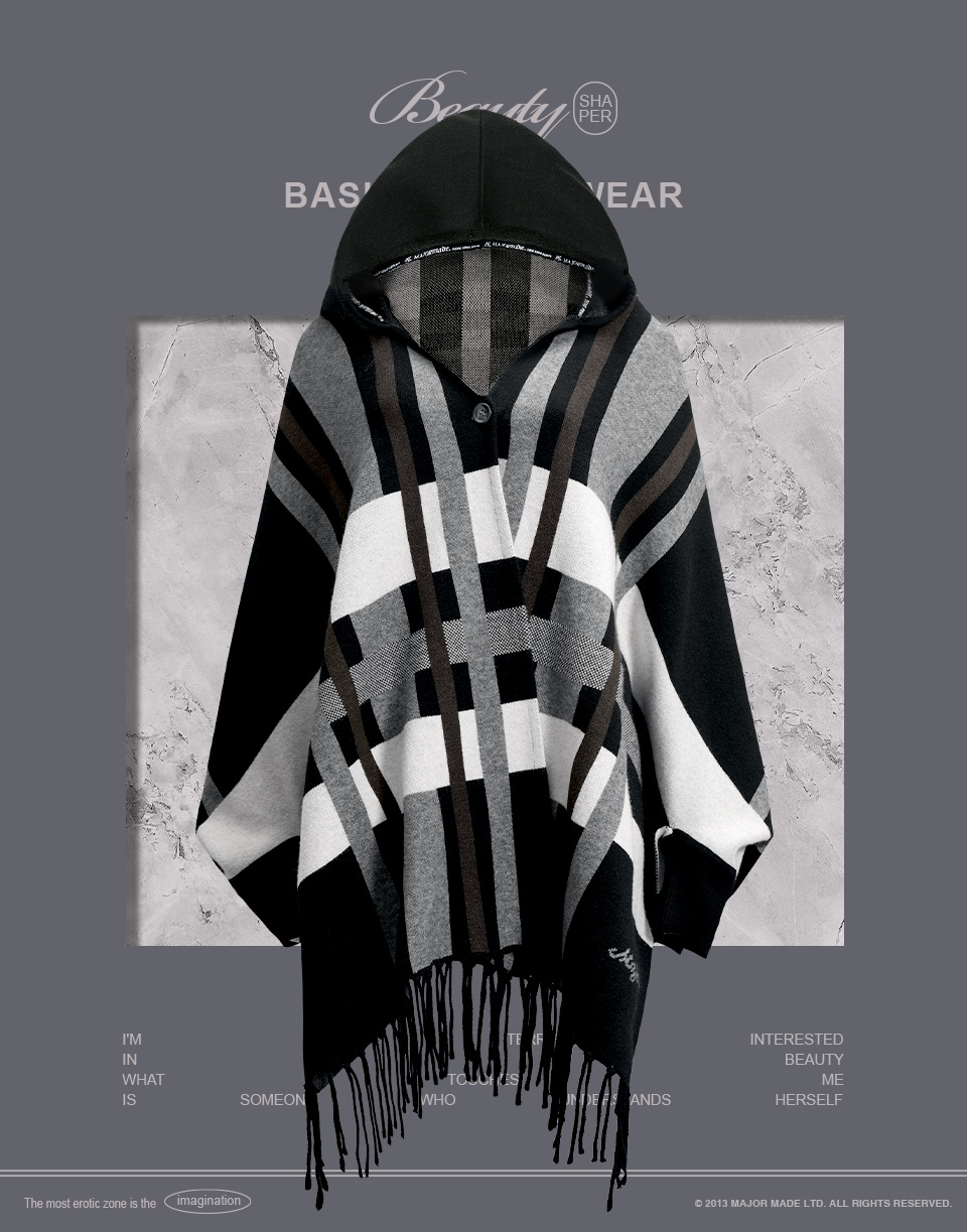 質感格紋手袖連帽披肩