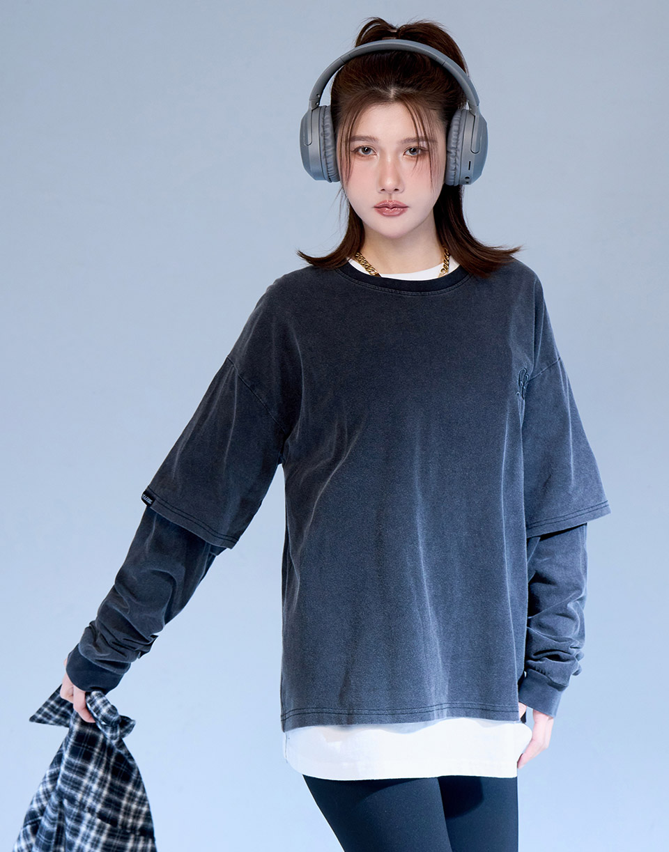 歌德刺繡假兩件薄長T