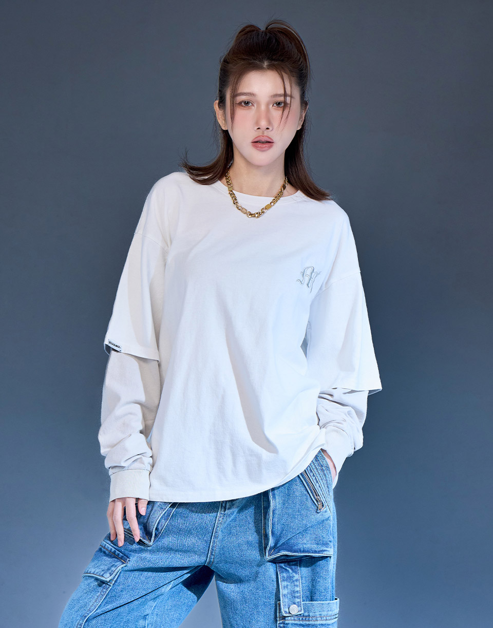 歌德刺繡假兩件薄長T