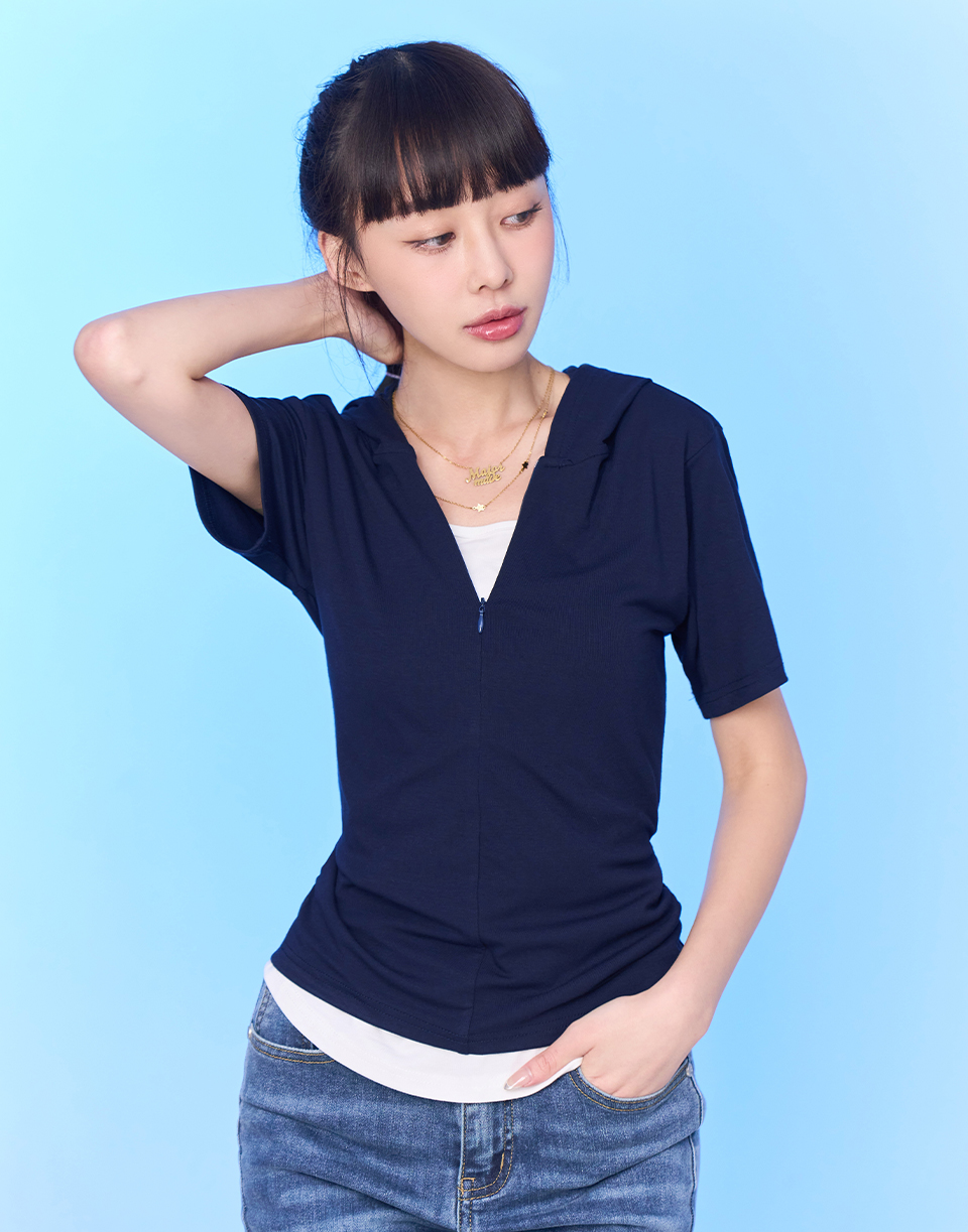 假兩件連帽彈力上衣