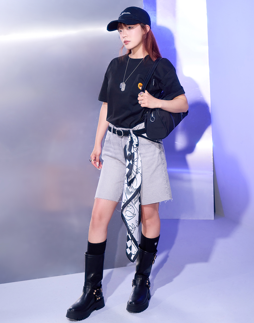 登峰小熊棋盤格刺繡口袋T