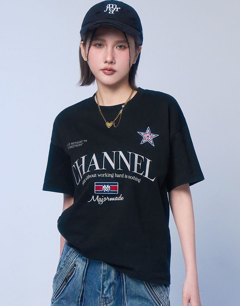 雙疊M國旗星星刺繡短T