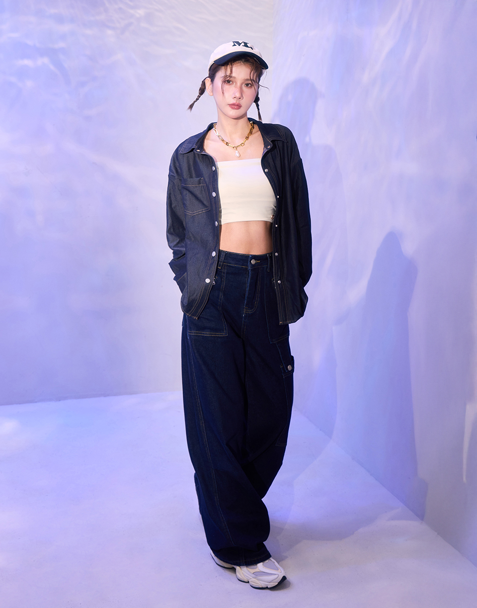 未水洗銀釦牛仔襯衫