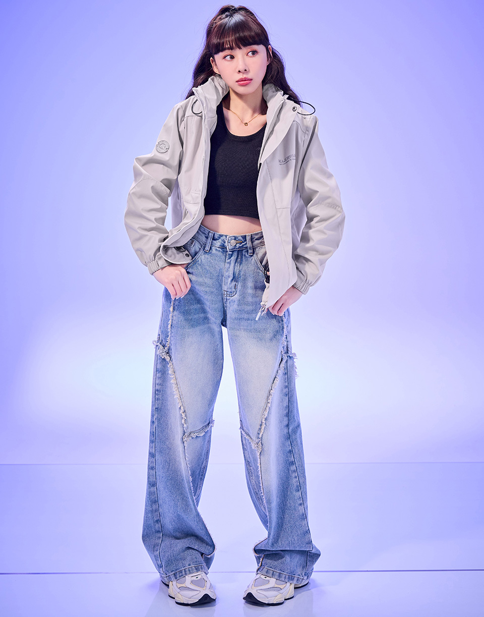 特殊剪裁毛抽鬚牛仔寬褲