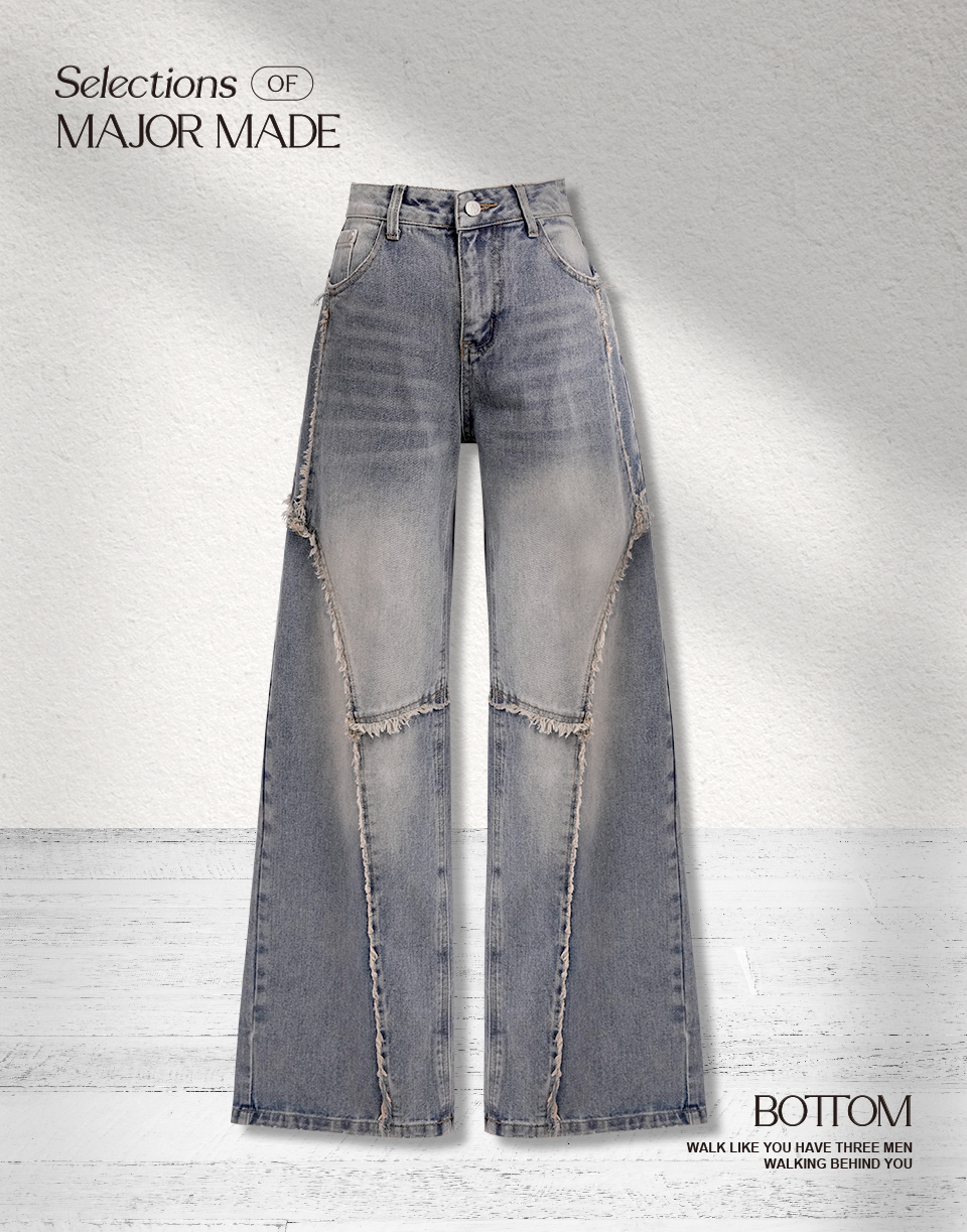 特殊剪裁毛抽鬚牛仔寬褲