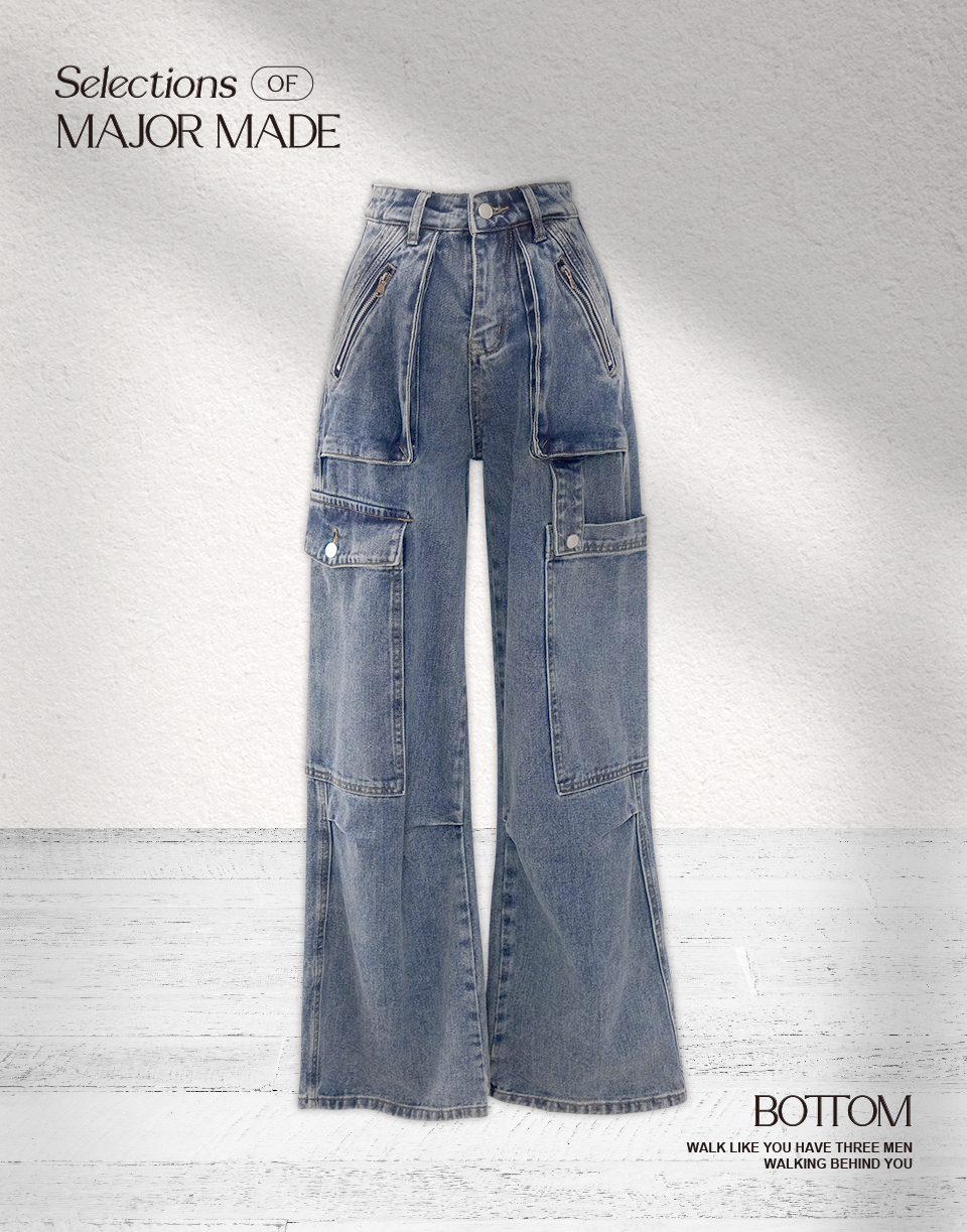 多口袋牛仔工裝褲