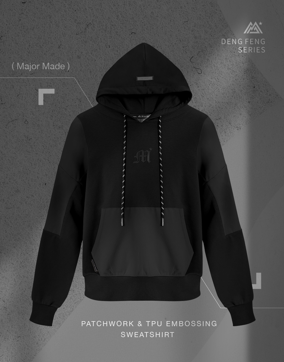 M字雙材質拼接口袋帽T