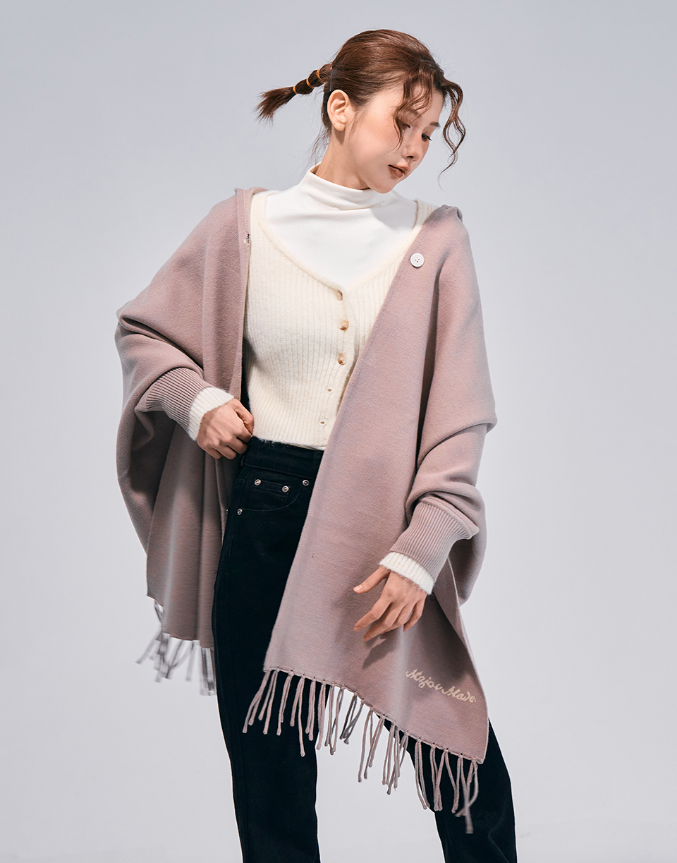 質感百搭手袖連帽披肩