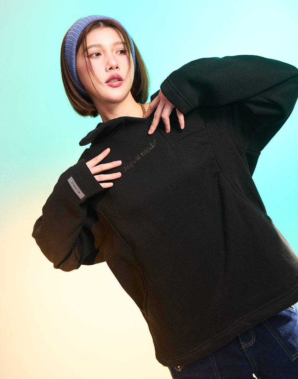 特殊斜邊高領內刷毛帽T