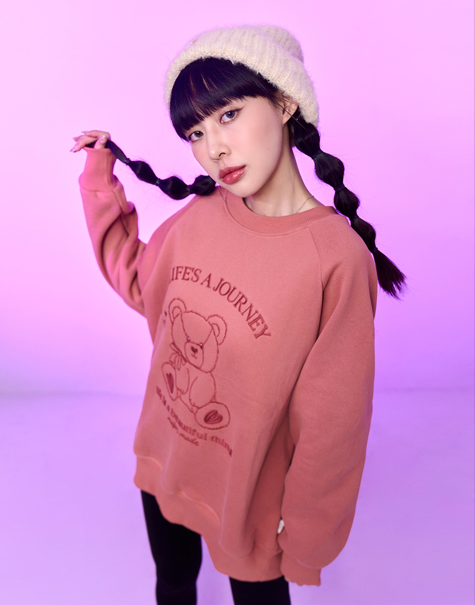 線條小熊厚磅數刷毛大學T