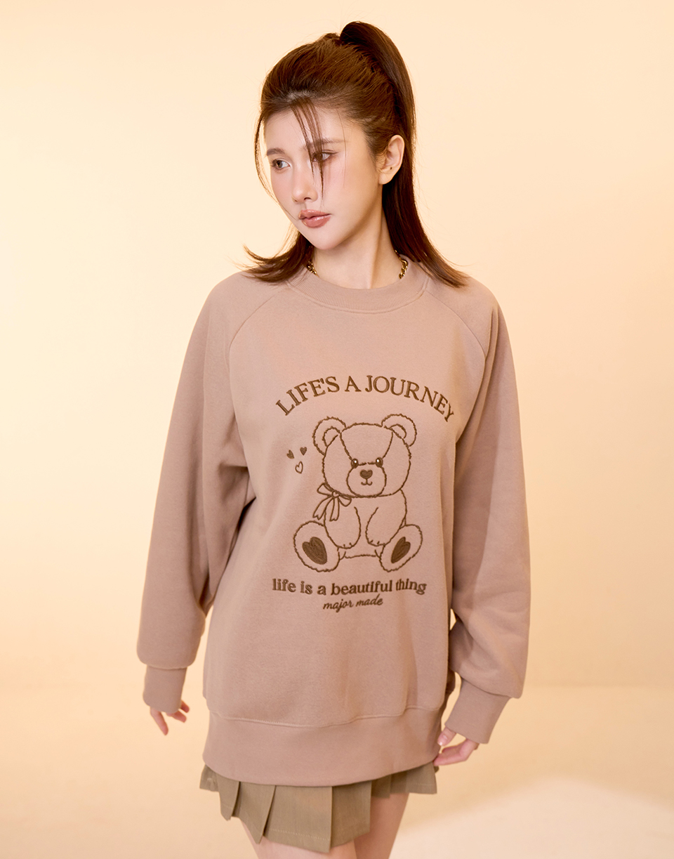 線條小熊厚磅數刷毛大學T