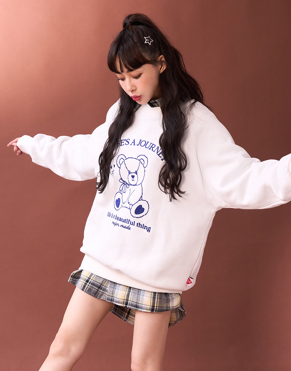 線條小熊厚磅數刷毛大學T