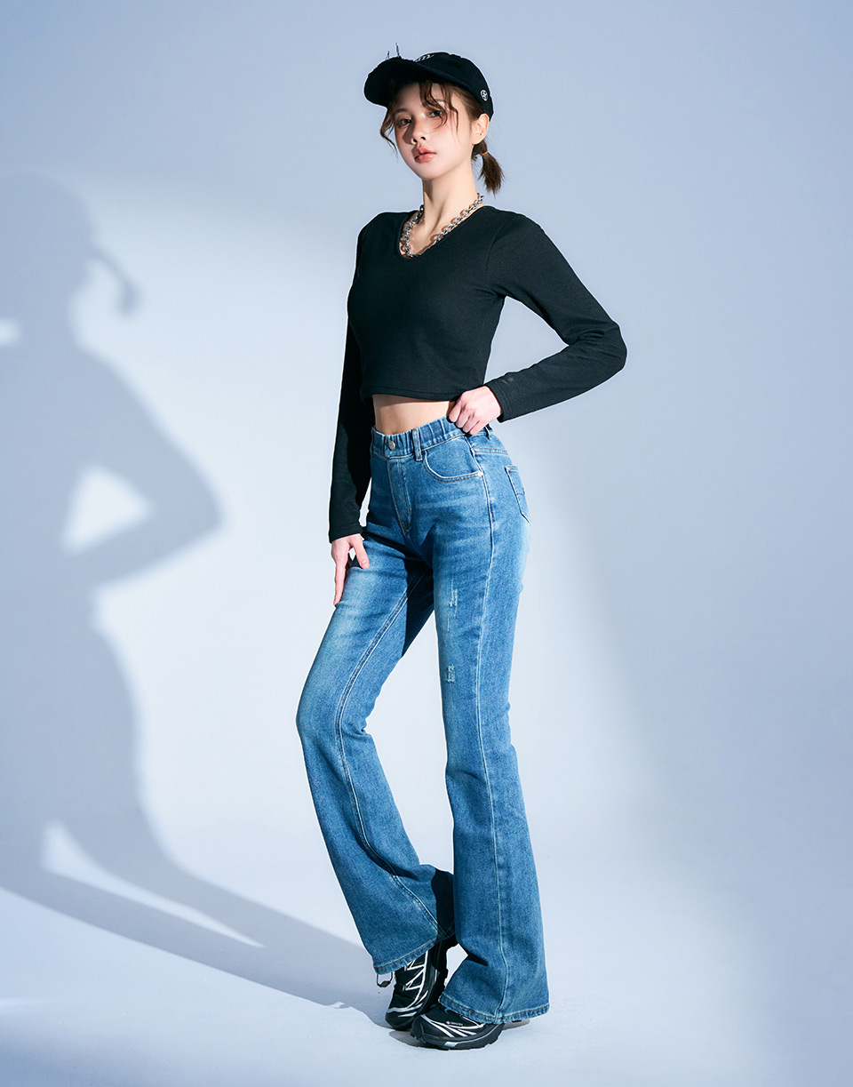 鬆緊褲頭牛仔喇叭褲